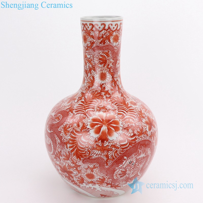 Beautiful red dragon pattern enamel vase front view