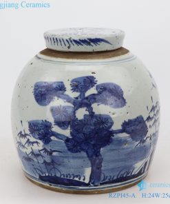 blue and white porcelain tea canister front view