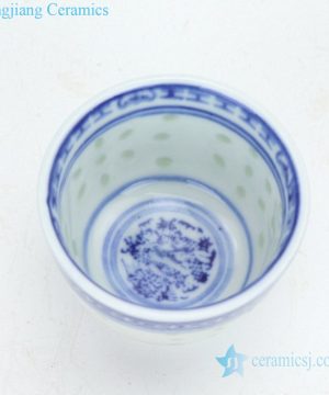 Blue and white porcelain tea cups inside view