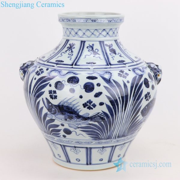 Chinese antique ceramic blue and white jar front view