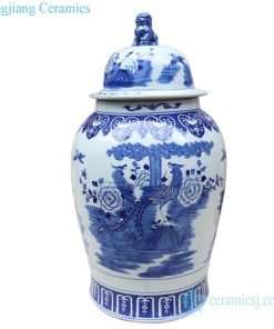 blue and white ceramic jar with lion's head shaped lid