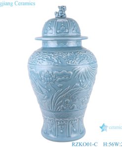 RZKO01-C Chinese light blue azure glaze carving ceramic storage jars