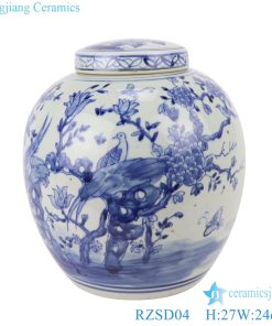 RZSC03 Chinese blue and white flower and bird storage porcelain pots with lid
