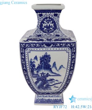 RYJF72 Blue and white Ceramic landscape square shape ceramic tabletop flower vase
