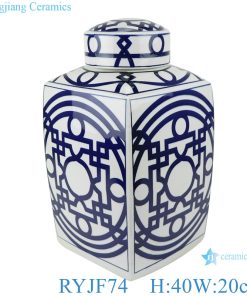 RYJF74 Blue and white square porcelain  pot with  geometric  design