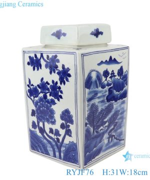 Blue&white porcelain flowers and birds landscape pattern square pot tea canister with cover