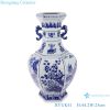 RYUK41 antique Blue and white flower ceramic tabletop vase with ears and octagons