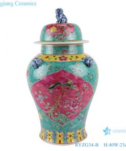 RYZG34-B_ Jingdezhen porcelain vase hand-painted engraving antique pastel general ceramic jar with lion head