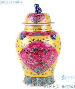 RYZG34-C Pastel enamel yellow and red phoenix lion head pattern ceramic storage ginger jar with lid