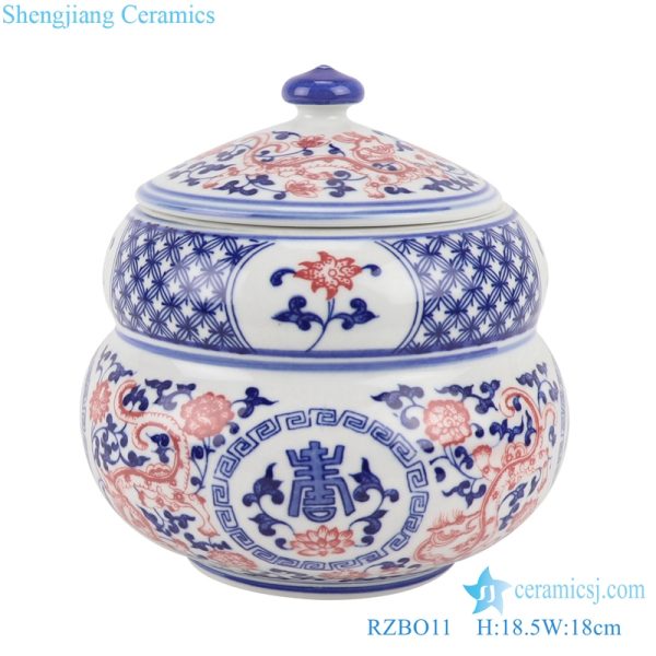 RZBO11 Antique Blue and white twig shou word Ceramic grain tea canister storage tank