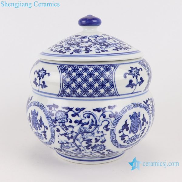 RZBO12 Blue and white twigs lotus text design tea canister pot