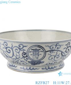 RZFB27 Blue and white twinning flowers with long life character old style antique ceramic bowl