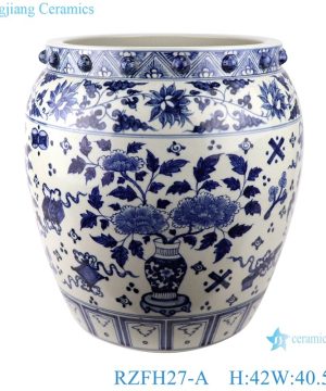 RZFH27-A Blue and white twining lotus bogu grain flowers design porcelain large fish tank