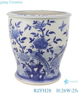 RZFH28 Blue and white flower and bird design ceramic tall flower pot