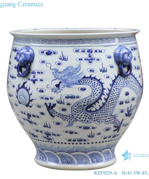 RZFH29-A Blue and white porcelain lion head dragon play bead grain big ceramic pot