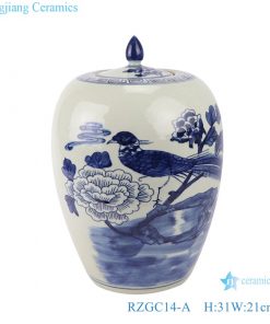 RZGC14-A Blue and white flower and bird design ceramic storage jar with lid