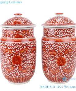 RZIH18-B Antique Alum Chinese red lotus flower pattern ceramic tea jar storage pot