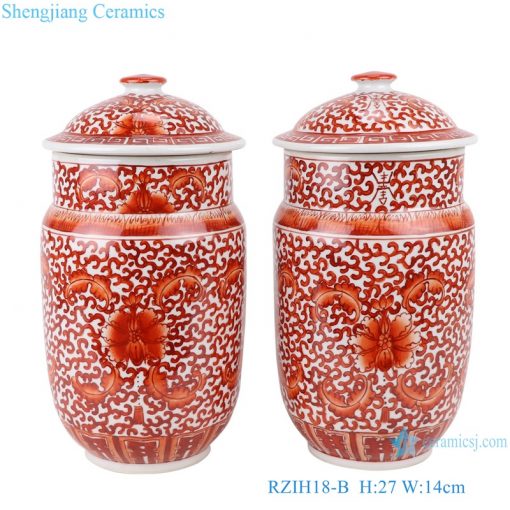RZIH18-B Antique Alum Chinese red lotus flower pattern ceramic tea jar storage pot