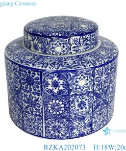 Straight tube blue and white square flower pattern pot