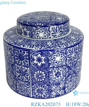 Straight tube blue and white square flower pattern pot