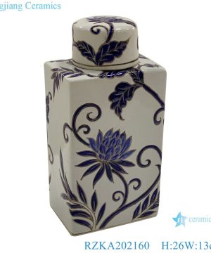 RZKA202160 Antique Flat flower  twinning design ceramic storage jars pot cuboid with cover