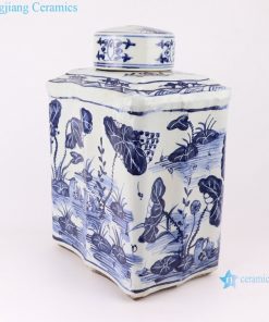 RZKJ02-B Blue and white rectangular fish and grass tea jar