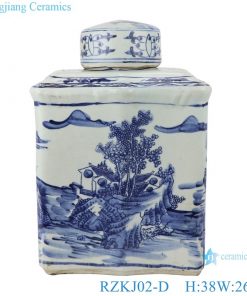 RZKJ02-D Blue and white porcelain  rectangular landscape storage jars flat pot