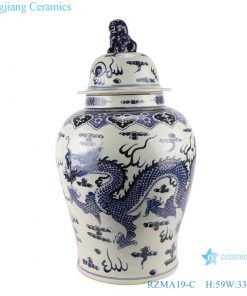 RZMA19-C Qing blue and white porcelain dragon design peony flower antique ceramic storage jars with lion head lid