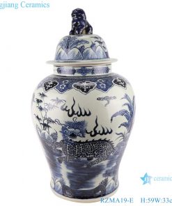RZMA19-E_Qing Dynasty people kiln pure handmade blue and white ceramic storage jar with lion lid