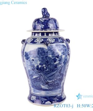 RZOT03-j Blue and white lion head phoenix landscape porcelain ginger jar with lid