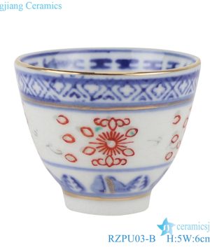 RZPU03-B Blue and white porcelain glaze red gold line dragon pattern thick tea cup with color painting