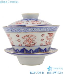 RZPU06-B Gold crane Blue and white with color painting bird pattern three to cover bowl tea bowl