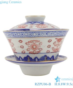 RZPU06-B Gold crane Blue and white with color painting bird pattern three to cover bowl tea bowl