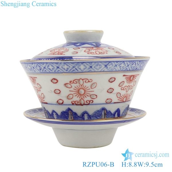 RZPU06-B Gold crane Blue and white with color painting bird pattern three to cover bowl tea bowl