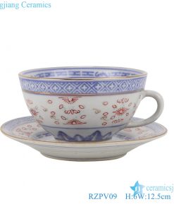 RZPV09 Blue and white antique gold line dragon print ceramic coffee cup and saucer set