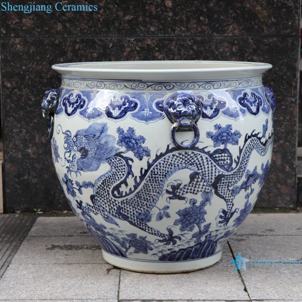 RZSC13-A/B Antique blue and white Hand painted fish tank with double ears and hand painted dragon pattern
