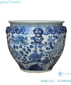 RZSC13-C Antique Blue and white porcelain dragon and phoenix design ceramic big fish tank pot