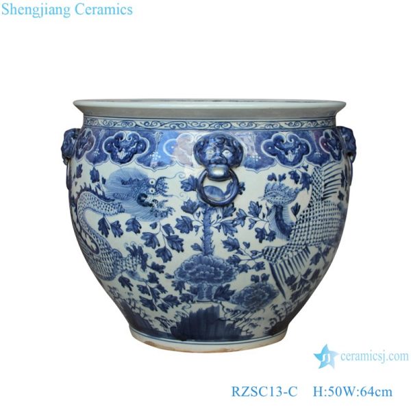 RZSC13-C Antique Blue and white porcelain dragon and phoenix design ceramic big fish tank pot