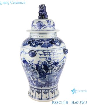 Blue and white porcelain general jar with hand drawn figures in Chinese style