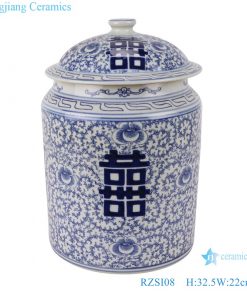 RZSI08 Blue and white porcelain twining branches happy word grain cover storage tea pot with lid