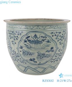 RZSX02 Blue and white twig lotus lotus mandarin duck playing in water grain small ceramic pot
