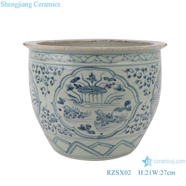 RZSX02 Blue and white twig lotus lotus mandarin duck playing in water grain small ceramic pot