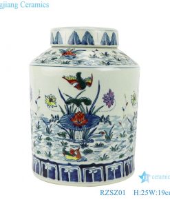 Blue and white bucket color red lotus mandarin duck playing water Tea pot storage tank jars