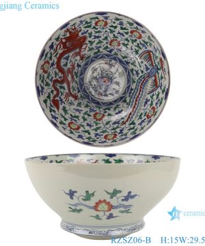 Blue and white bucket colored glaze winding branches dragon and phoenix Pattern ceramic auspicious bowl