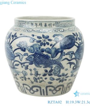RZTA02 Archaize blue and white porcelain lotus fish grass carp algae grain storage small pot