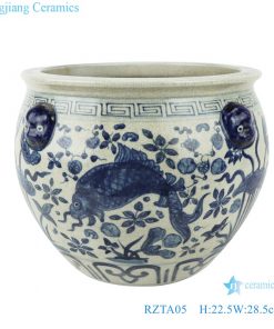 RZTA05 Antique blue and white porcelain lotus fish grass carp algae grain lion head ear small fish pot