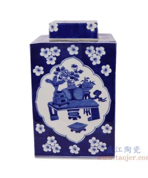 RZUL02-A Jingdezhen Blue and white Porcelain Ice Plum Open window Square shape Tea Canister Jars